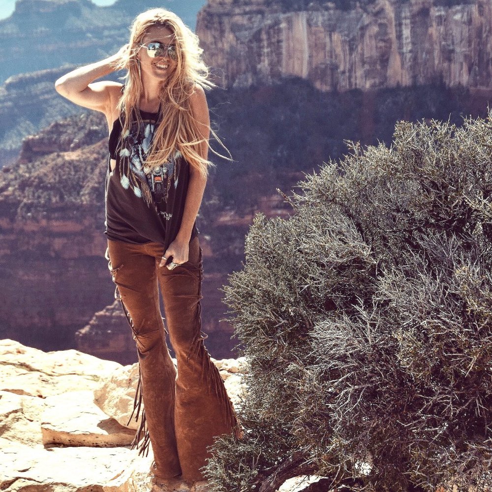 REGULAR LENGTH High Waisted Fringe Bell Bottoms GOLDEN BROWN TIE DYE XS S M L XL - Picture 6 of 11
